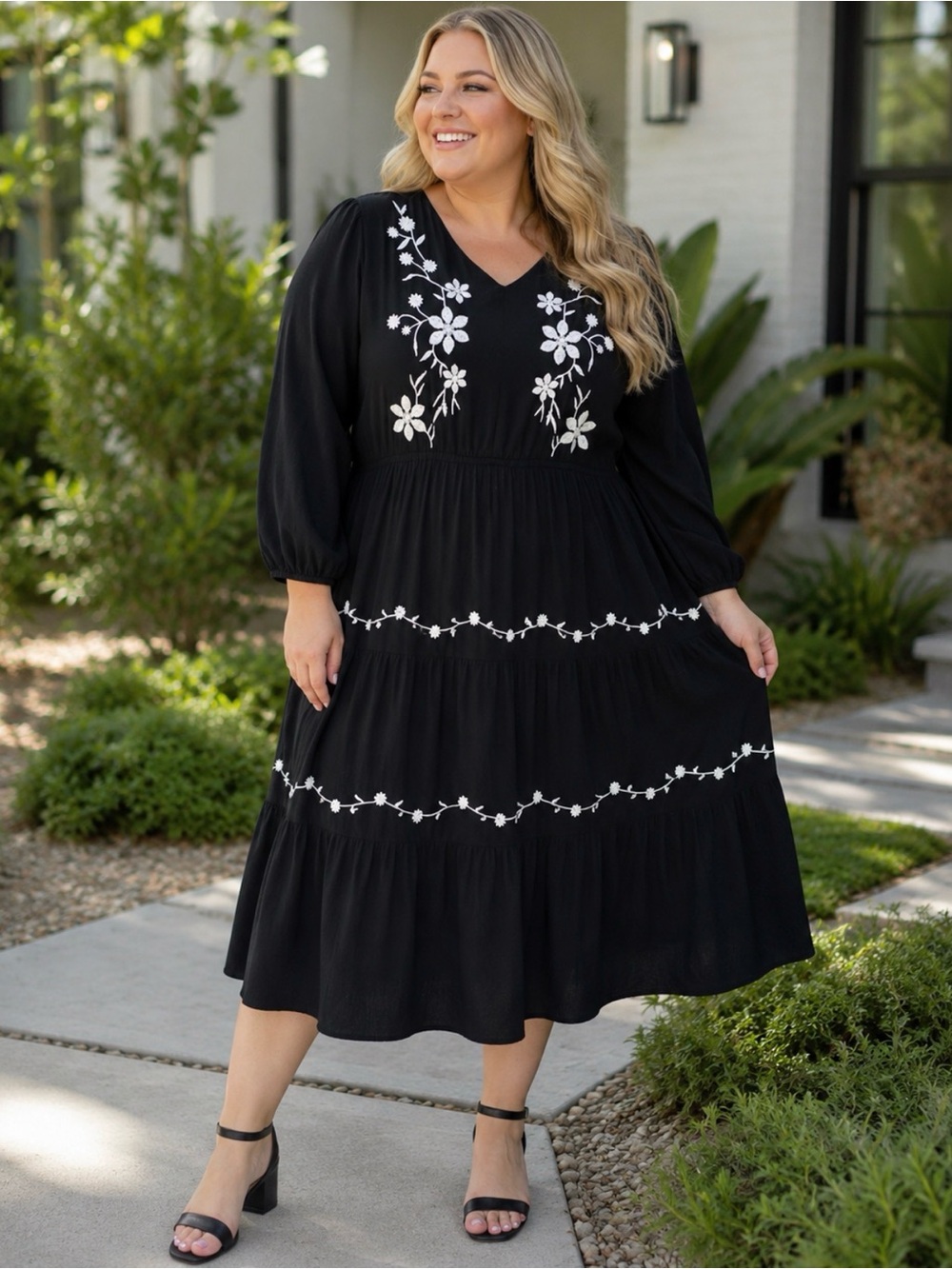 2XL Hayden Black Midi Dress with White Floral Embroidery Pockets- Great Fall
